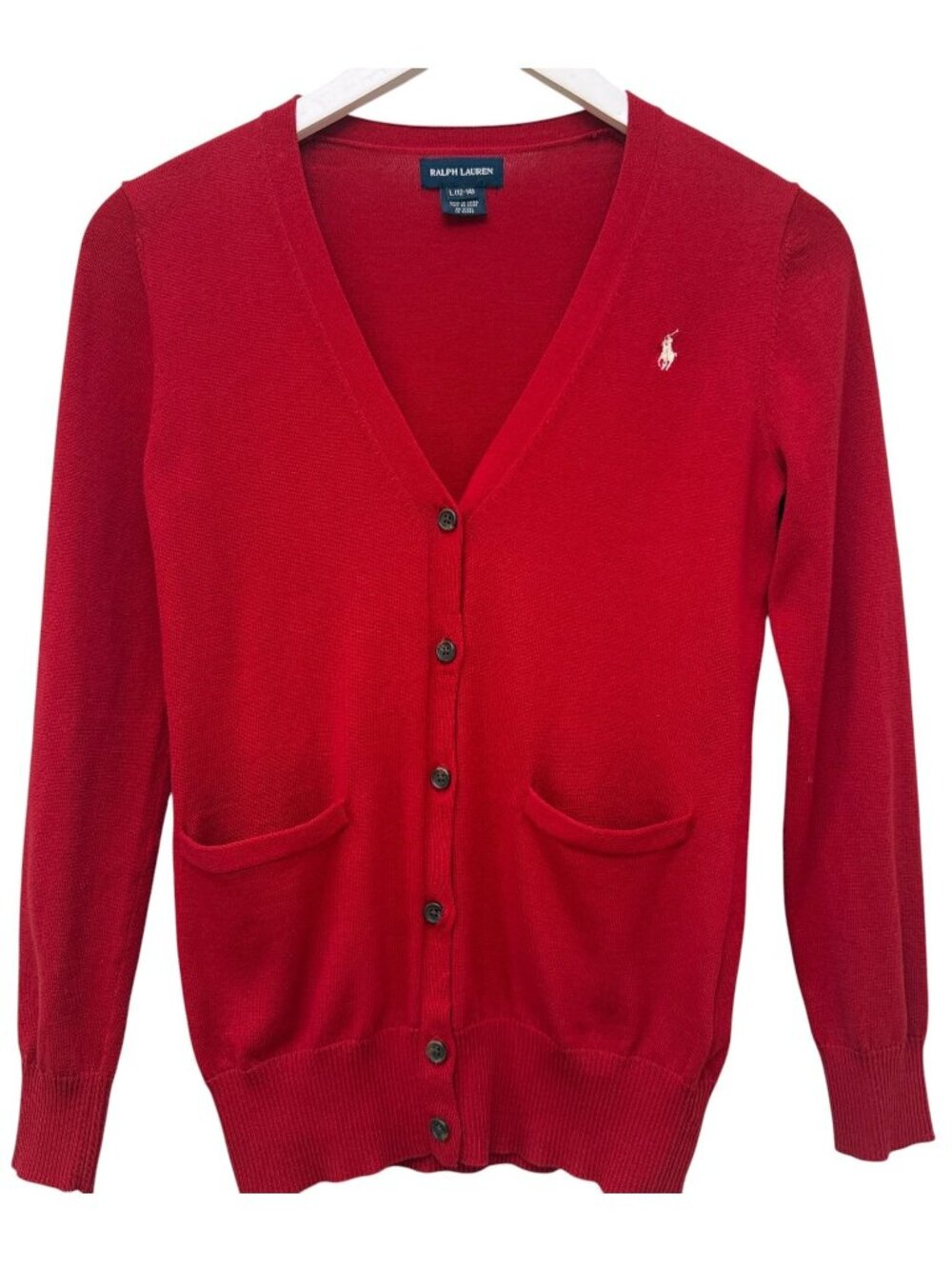 RALPH LAUREN Girls Cardigan Sweater Red Size Large 12-14 Cotton Preppy V-neck